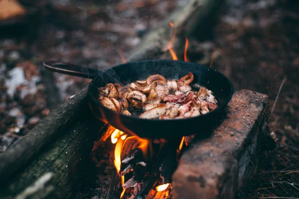 Fried Mushrooms Bacon Pan Forest Fire Food Nature Cooking Food — Stock Photo, Image