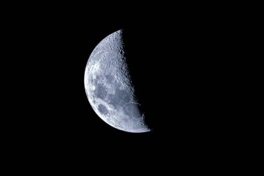 Waxing crescent moon as seeing from the southern hemisphere. Amazing the moon rough surface full of craters from meteorites coming from the universe and crashing our satellite the Moon an awe relief clipart