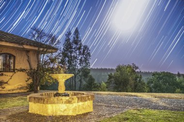 Evin yakınındaki eski fıskiyenin hızlandırılmış görüntüsü ve gece arkaplanındaki manzarası.