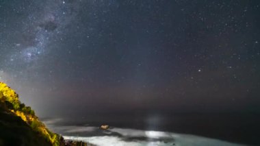 Samanyolu 'nun Pasifik Okyanusu kıyısındaki gece gökyüzünde zamanı. 