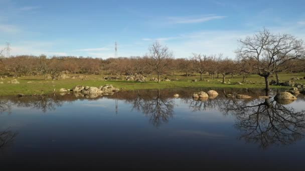 Rochas Incríveis Árvores Nuas Sobre Lagoa Região Estremadura Livre Campos — Vídeo de Stock