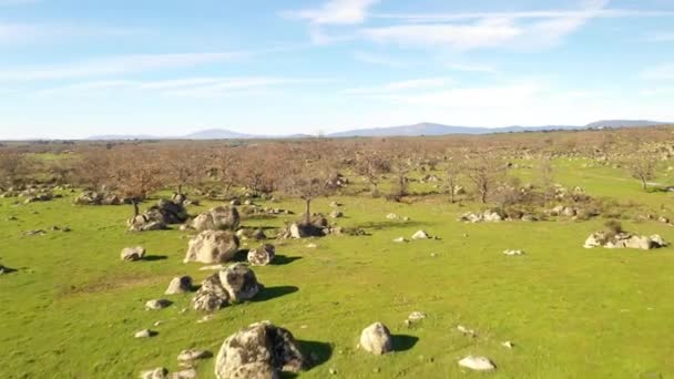 Niesamowite Skały Gołe Drzewa Nad Laguną Regionie Estremadura Świeżym Powietrzu — Wideo stockowe