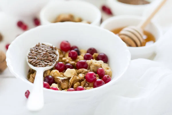 Café da manhã saudável: muesli com nozes, leite, mel e cranberries frescas — Fotografia de Stock