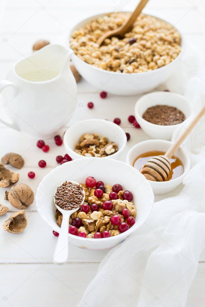 Healthy breakfast: muesli with walnuts, milk, honey and fresh cranberries 