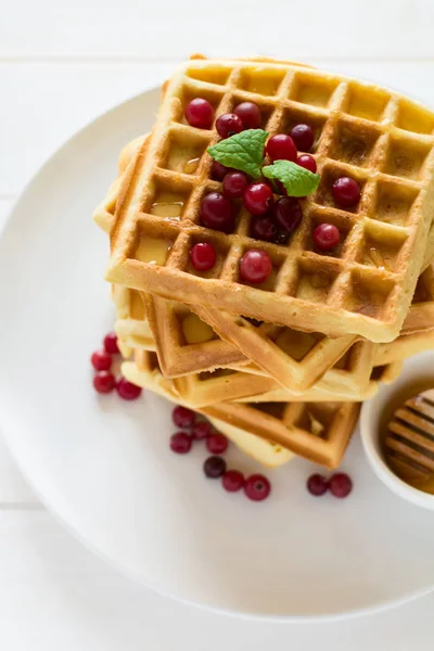 Belgian waffles with honey and cranberries — Stock Photo, Image