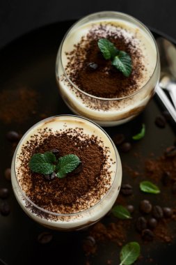 Geleneksel İtalyan tatlı tiramisu dekore edilmiş kakao, kahve çekirdekleri ve nane yaprakları 