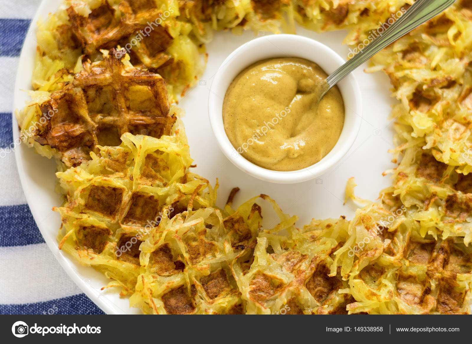 Homemade potato waffles with mustard — Stock Photo © thayra 149338958