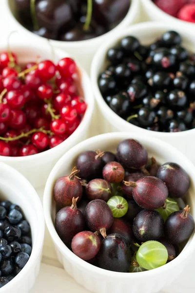 Cuencos con grosella fresca madura, grosella roja, grosella negra, frambuesa, arándano y cereza — Foto de Stock