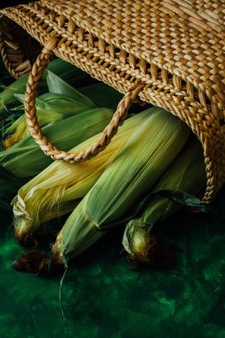 Taze mısır koçanı üzerinde yeşil ahşap masa üzerinde