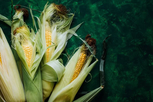 Taze mısır koçanı üzerinde yeşil ahşap masa üzerinde
