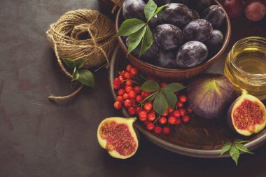 Hasat kümesi: Erik, üzüm, incir, kartopu berry, ceviz, bal ve reçel gözlük 