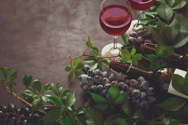 Bodegón con gafas, botellas, uvas y hojas — Foto de Stock