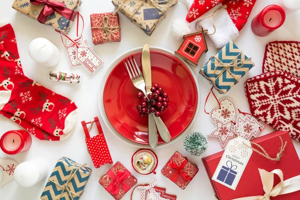 Christmas background with handmade presents wrapped in craft paper and table. Flat lay. Space for copy — Stock Photo, Image