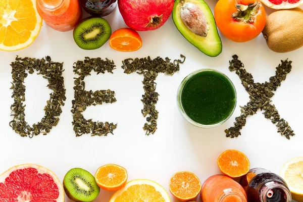 Sağlıklı Beslenme Kavramı Detoks Yeşil Çaydan Word Renkli Smoothies Meyve — Stok fotoğraf