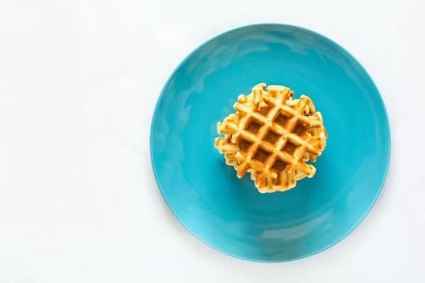 Homemade Belgian Waffles Blue Plate Selective Focus — Stock Photo, Image