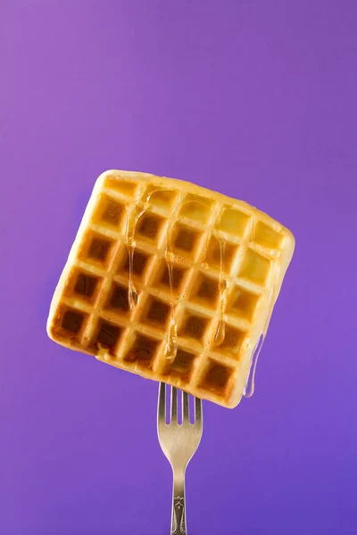 Belgian Waffle Honey Decorated Sweet Cherry Pinned Fork Violet Background — Stock Photo, Image