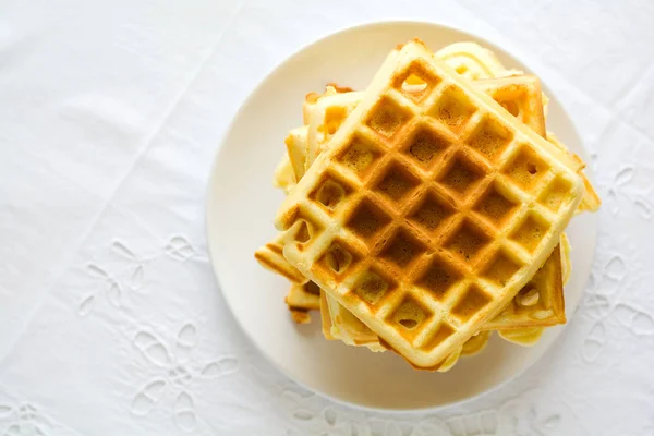 Healthy Breakfast Belgian Waffles Butter Blueberry Nuts White Tablecloth Selective — Stock Photo, Image