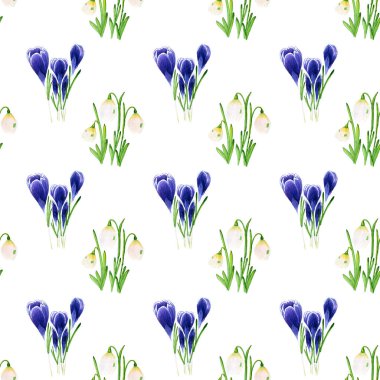 Bahar çiçekleri suluboya ayarlayın. Çiğdem ve kardelen desen. Arka plan, afiş, tatil kartı tasarım için tasarım öğeleri. El boyama sanatsal doku