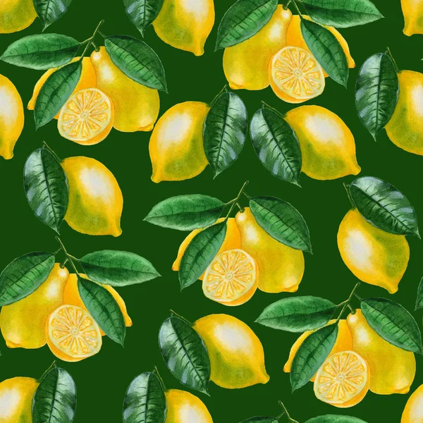 Reife Zitronen Aquarell Set Zitrusmuster Auf Grünem Hintergrund Gestaltungselemente Für — Stockfoto