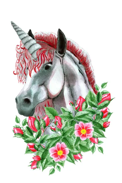 Ilustración Unicornio Acuarela Caballo Tirado Mano Flor Rosa Silvestre Hojas —  Fotos de Stock