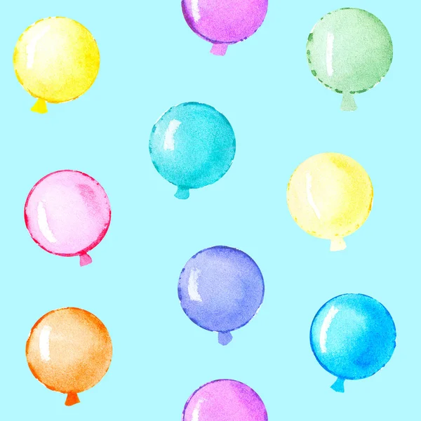 Watercolor balloon pattern on blue background. Design for print, card, banner. Hand painting illustration