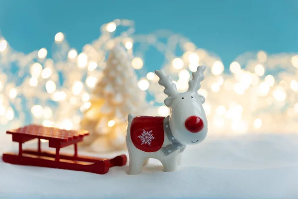 Close Ceramic Christmas Reindeer Toy Fir Tree Candle Sled Snowy — Stock Photo, Image