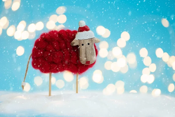 Snowy Sheep Lamb Toy Background Christmas Greeting Card Christmas New — Stock Photo, Image