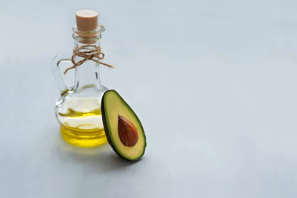 Avocado Bottle Avocado Oil Gray Wooden Background Front View Copy — Stock Photo, Image