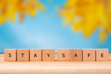 Sözler, gökyüzüne ve sarı yapraklara karşı tahta bloklardan yapılmış güvenli kalır. Evde kendini karantinaya al ya da ev kavramında kal. Üst görünüm