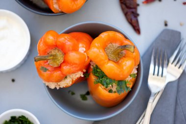Kırmızı biber ile doldurulmuş et, pirinç ve sebzeler gri arka planda. Sağlıklı yemek ya da vejetaryen konsepti. Seçici odak