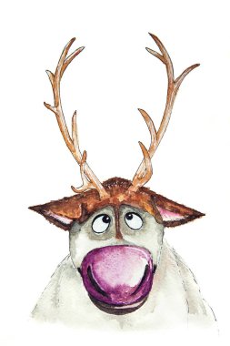 Watercolor drawing of deer Sven, character of cartoon 