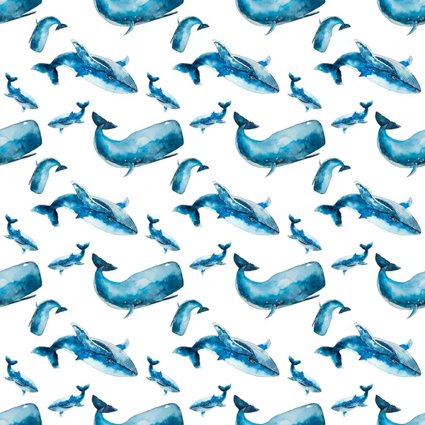 Seamless Pattern Blue Whale Cachalot White Background Handmade Illustration Blue — Stock Photo, Image