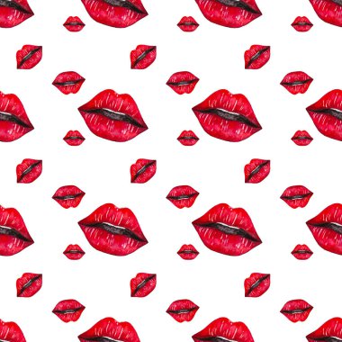 Beyaz arka planda kırmızı dudakları olan kusursuz bir desen. Kırmızı dudakların el yapımı çizimi. Beyaz arkaplanda izole edilmiş kırmızı dudakların suluboya çizimi.