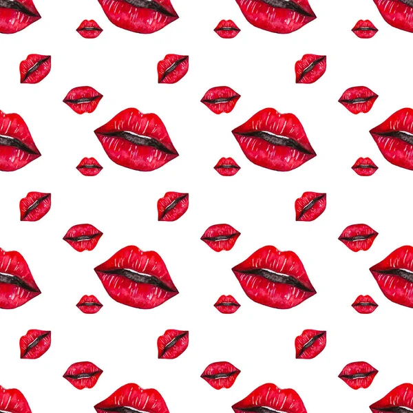 Seamless pattern with red lips on white background. Handmade illustration of red lips. Watercolor drawing of red lips isolated on white background.