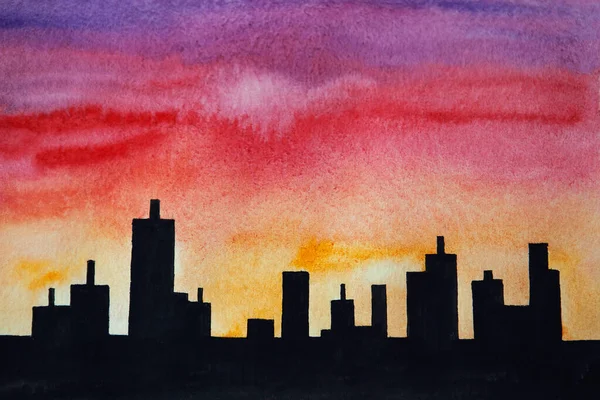 Akvarel Kresba Černé Střechy Města Barevný Západ Slunce Ilustrace Budov — Stock fotografie