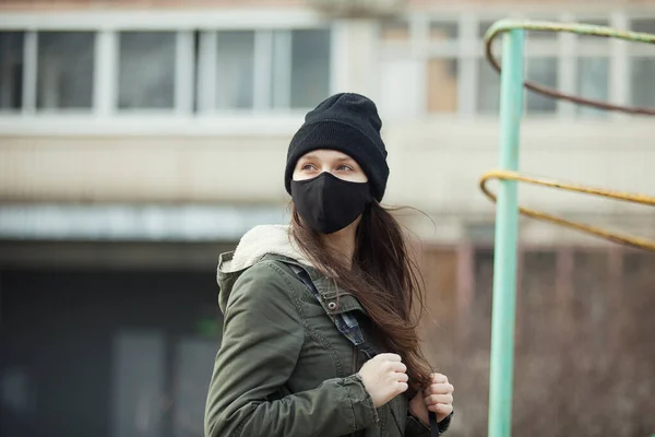 Portrait Young Girl Ear Loop Mask Black Cap Hat Building — Stock Photo, Image