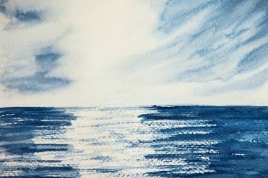 Mavi su ve mavi gökyüzünün suluboya çizimi. Okyanus, deniz ve bulutlarla kaplı bir manzara. Güneş ışığıyla deniz manzarası tasviri.