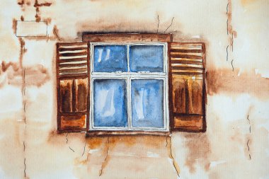 Eski pencerenin suluboya çizimi. Eski bir pencerenin tasviri. Eski duvar..