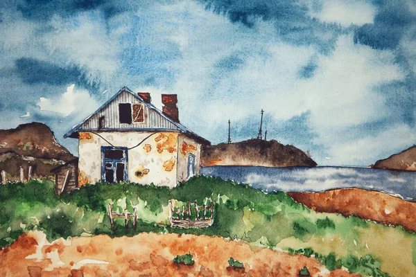 Watercolor drawing of old house. Illustration of white shabby house near the water. Landscape with the old house.