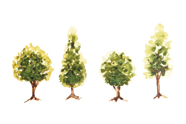 Akvarell Ritning Gröna Träd Isolerade Den Vita Bakgrunden Handgjord Illustration — Stockfoto