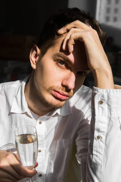 Young Man White Shirt Glass Hand Sad Man Alcohol Alcoholism — Stock Photo, Image