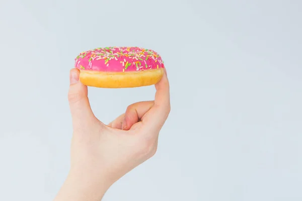 Pink Donut Hand Gray Wall Background — Stock Photo, Image