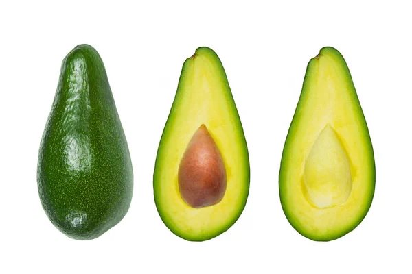Beyaz arka planda yeşil avokado. İzole edilmiş. Avokadonun yarısı. Meyve kes