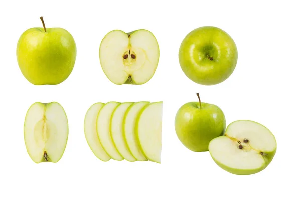 Zöld Almákból Álló Szett Izolátum Fehér Alapon — Stock Fotó