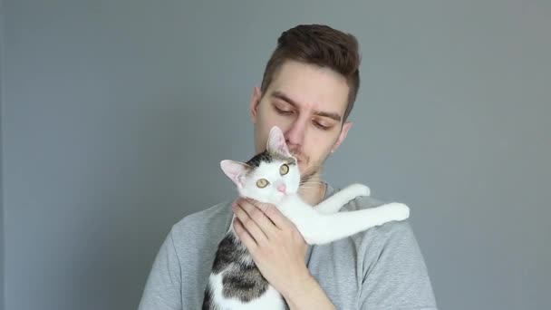 Jovem Camisa Cinza Abraçando Com Gato Branco Fundo Cinza Bonito — Vídeo de Stock