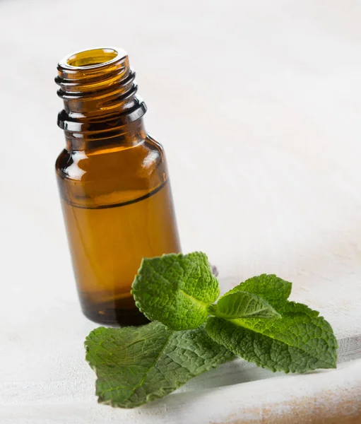 Pebermynte æterisk olie til aromaterapi på træ hvid baggrund - Stock-foto