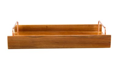 Boş tahta tepsi beyaz arkaplanda izole edildi