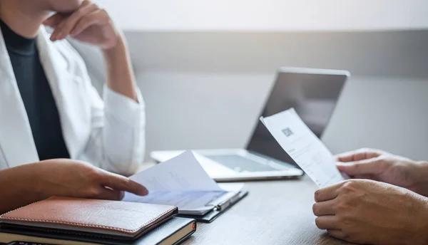 stock image Employer arriving for a job interview, businessman listen to candidate answers explaining about his profile and colloquy dream job, manager sitting in job Interview talking in office.