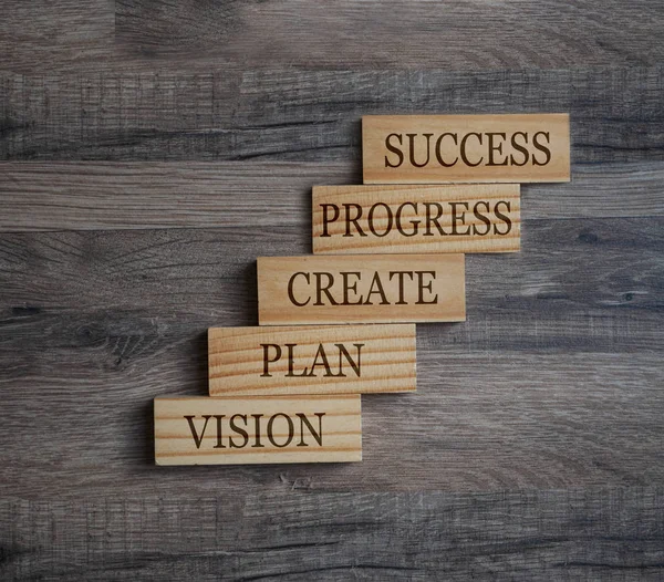 Holzklötze Mit Geschäftsbegriffen Vision Plan Kreation Fortschritt Und Erfolg Auf — Stockfoto