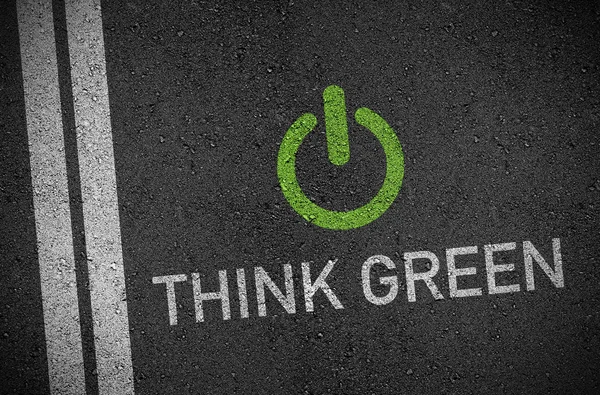 Ilustración Asfalto Negro Con Botón Encendido Verde Mensaje Think Green — Foto de Stock